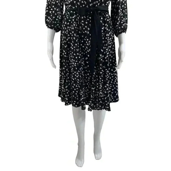 Talbots Black MIDI Dress SZ 8 Long Sleeve White Print Fit Flare Silhouette Flowy - Picture 8 of 16